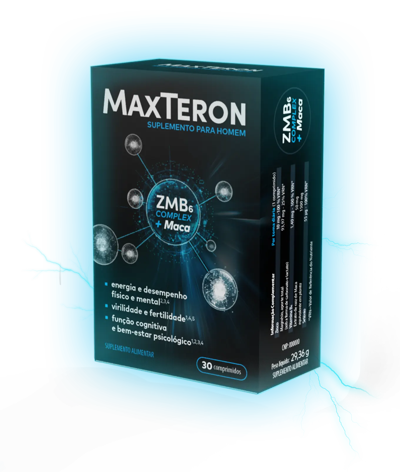 Caixa de Comprimidos de MaxTeron, suplemento para homem